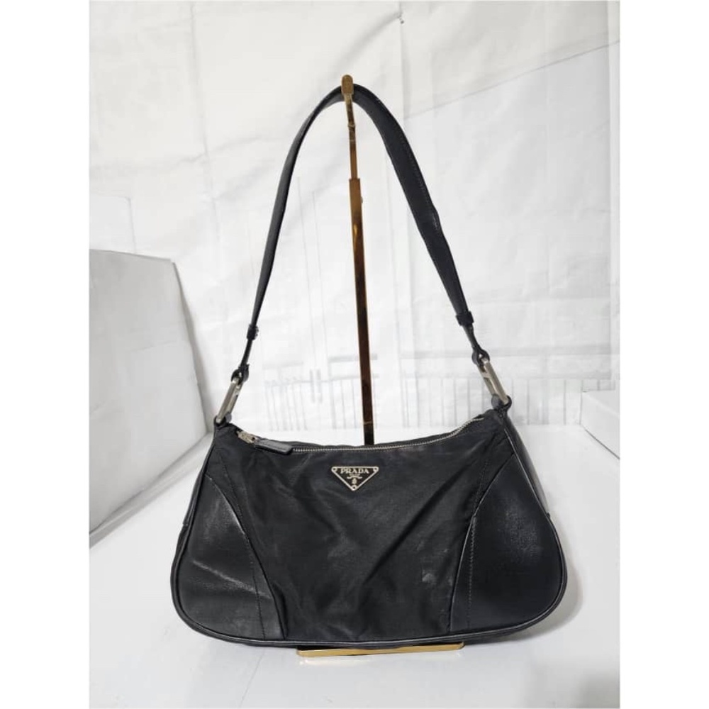 Authentic PRADA Tessuto Nylon/ Leather Shoulder Bag Black
